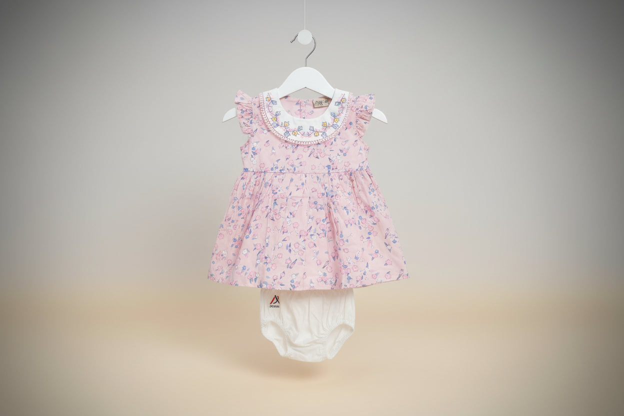 Baby Girls Floral Cotton Dress with Bloomers – Yellow