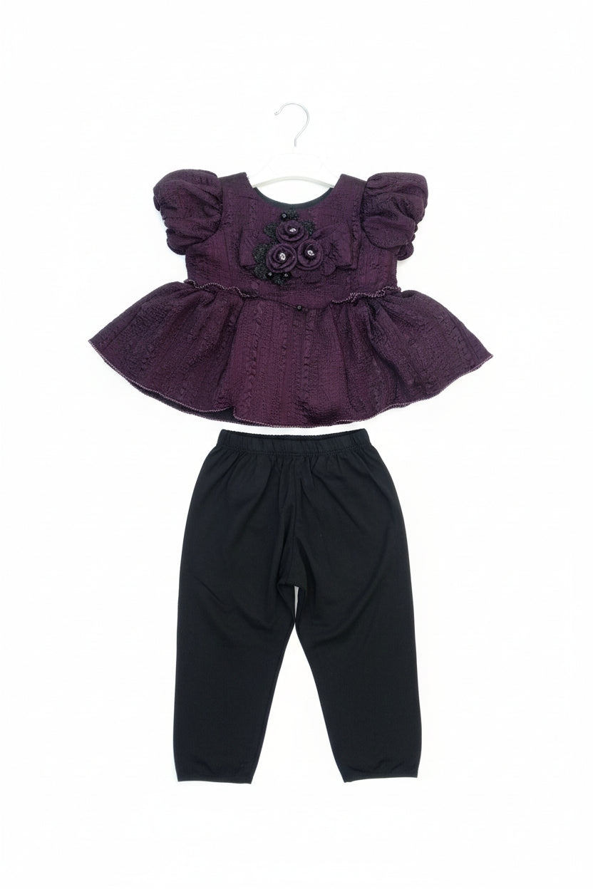 Baby Girls Textured Ruffle Top & Wide-Leg Pant Set-861