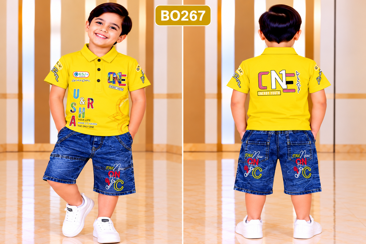 Boys Graphic Polo T-Shirt with Denim Shorts Set – BO267