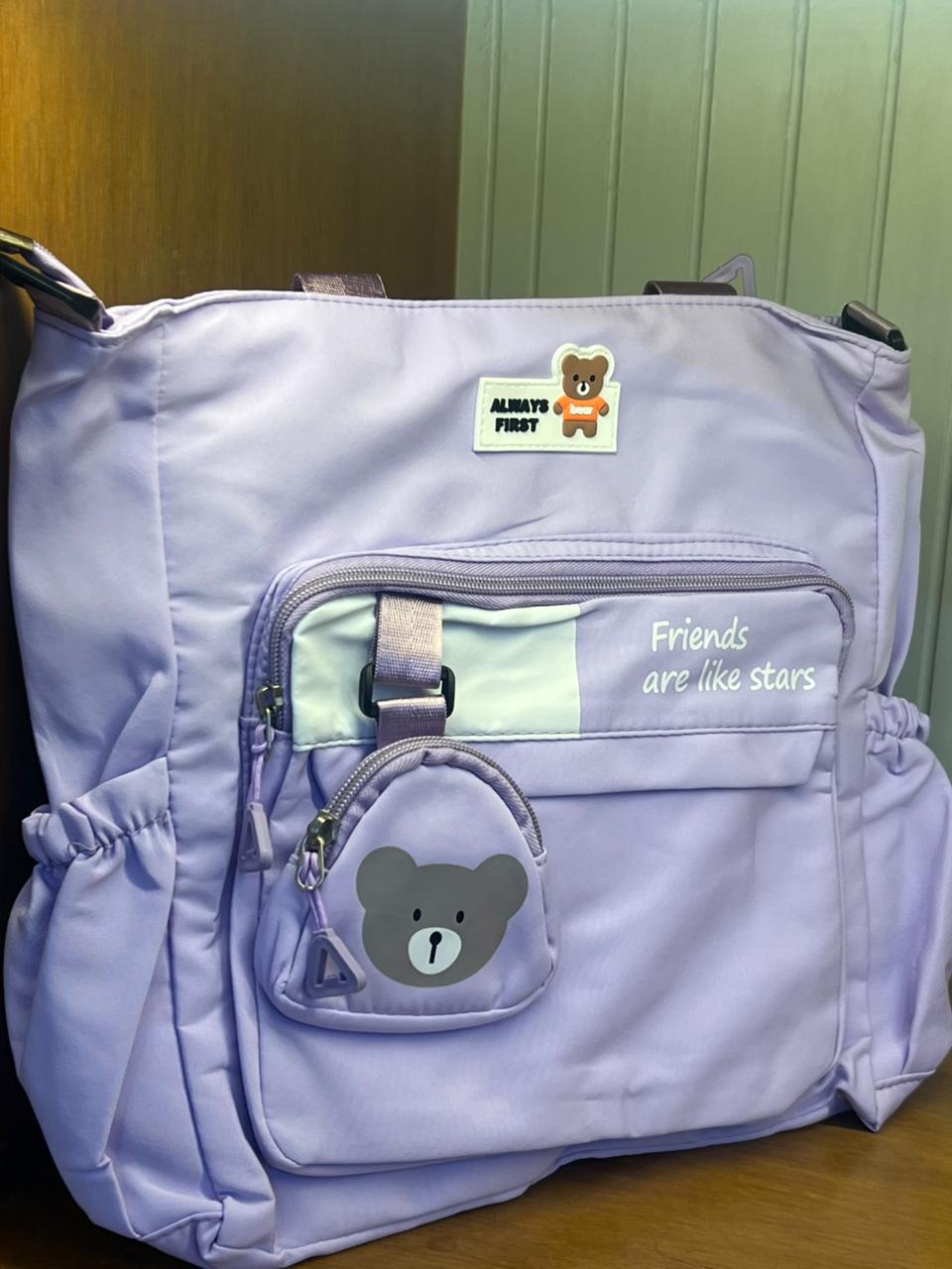 Cute Purple Tote Bag with Mini Bear Pouch – “Friends Are Like Stars” Design