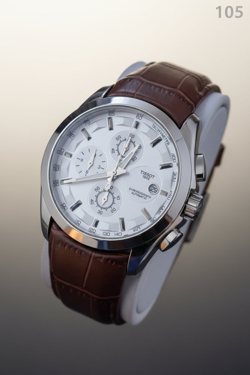 TW 105 Luxury Chronograph white Dial Leather Strap Watch