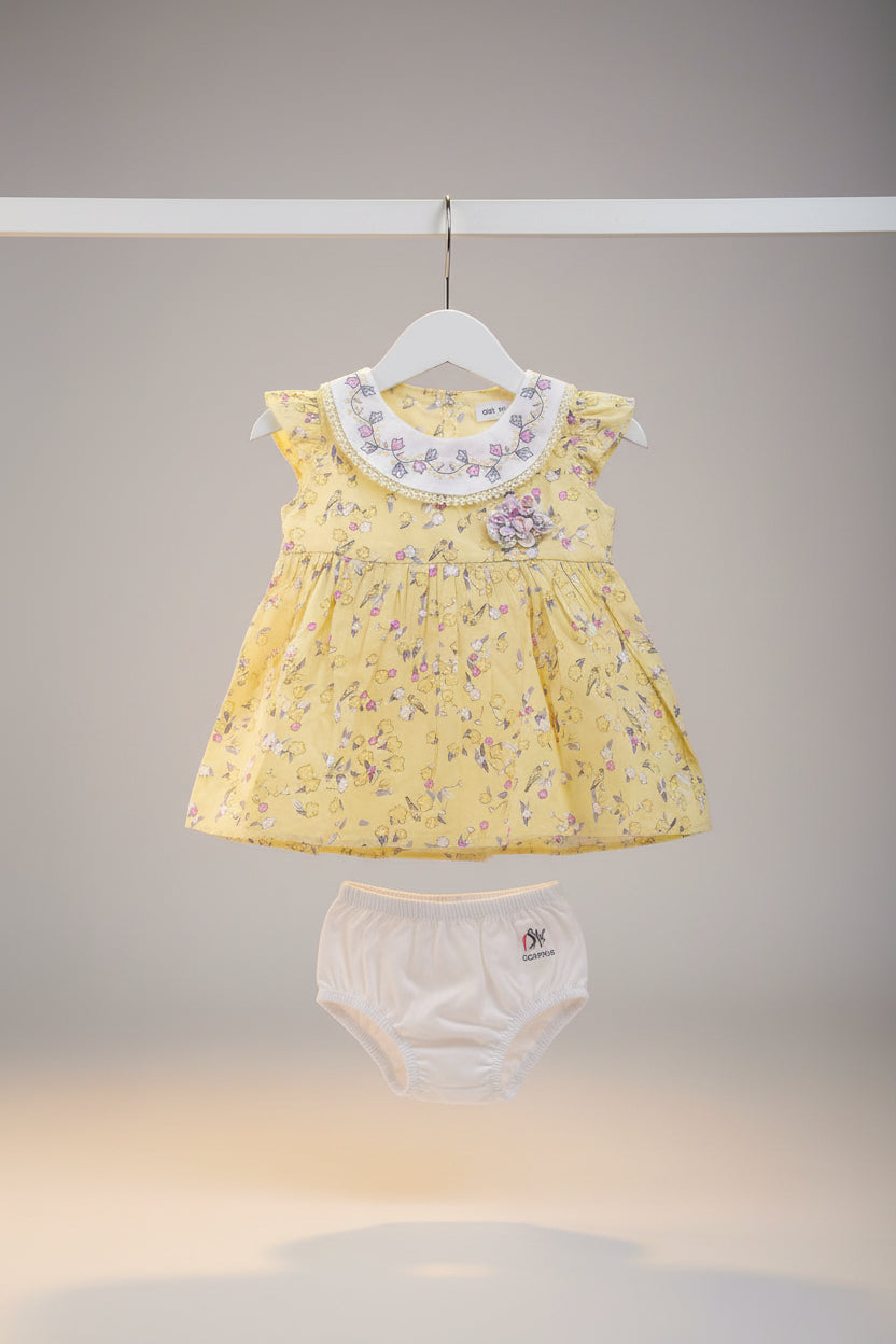 Baby Girls Floral Cotton Dress with Bloomers – Yellow