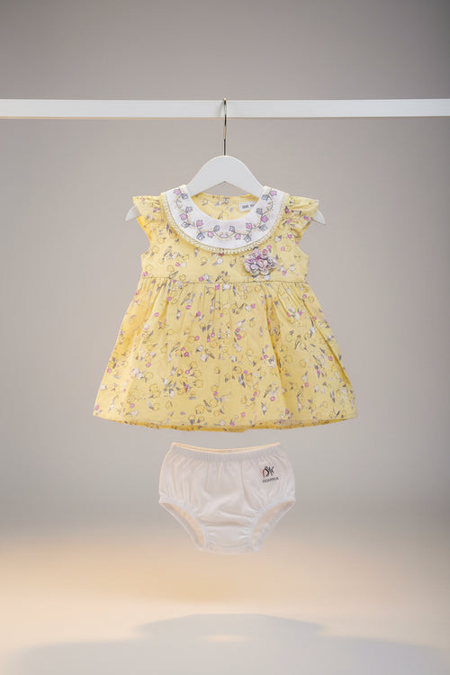 Baby Girls Floral Cotton Dress with Bloomers – Yellow