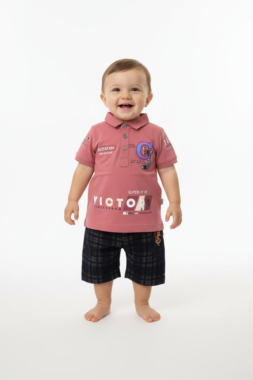 Boys Polo T-Shirt & Check Shorts Set – Premium Summer Outfit 364