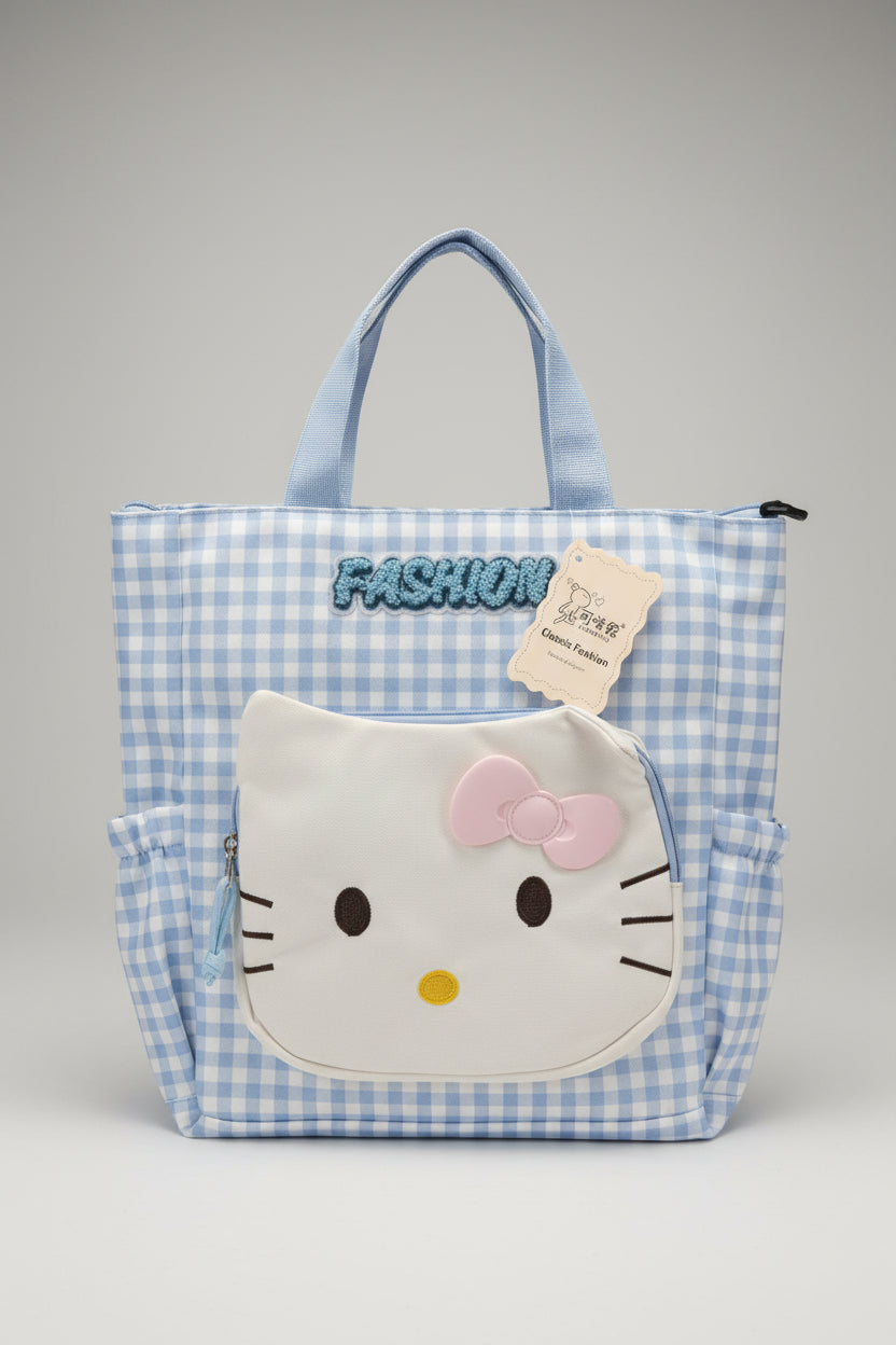 Cute Kitty Print Gingham Shoulder Bag for Girls