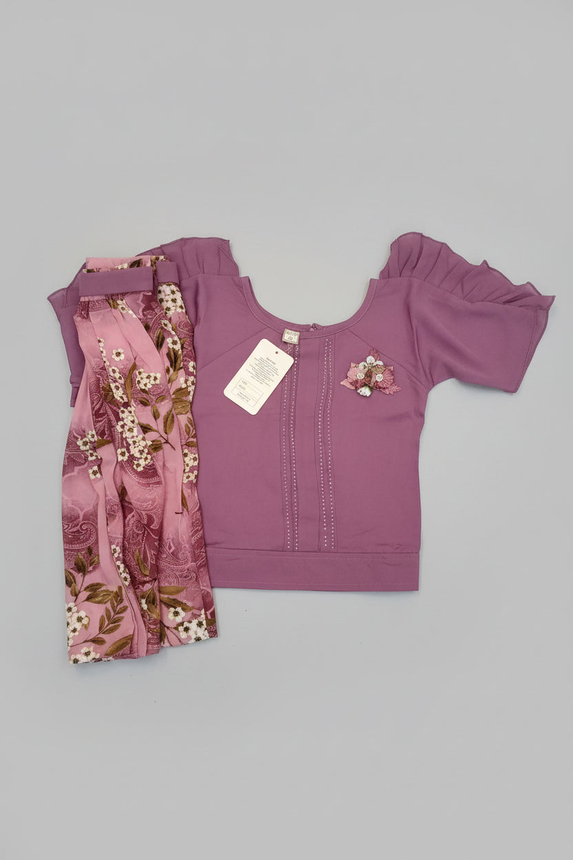 Floral Print Co-Ord Set with Embellished Puff Sleeve Top – Mauve Purple.120