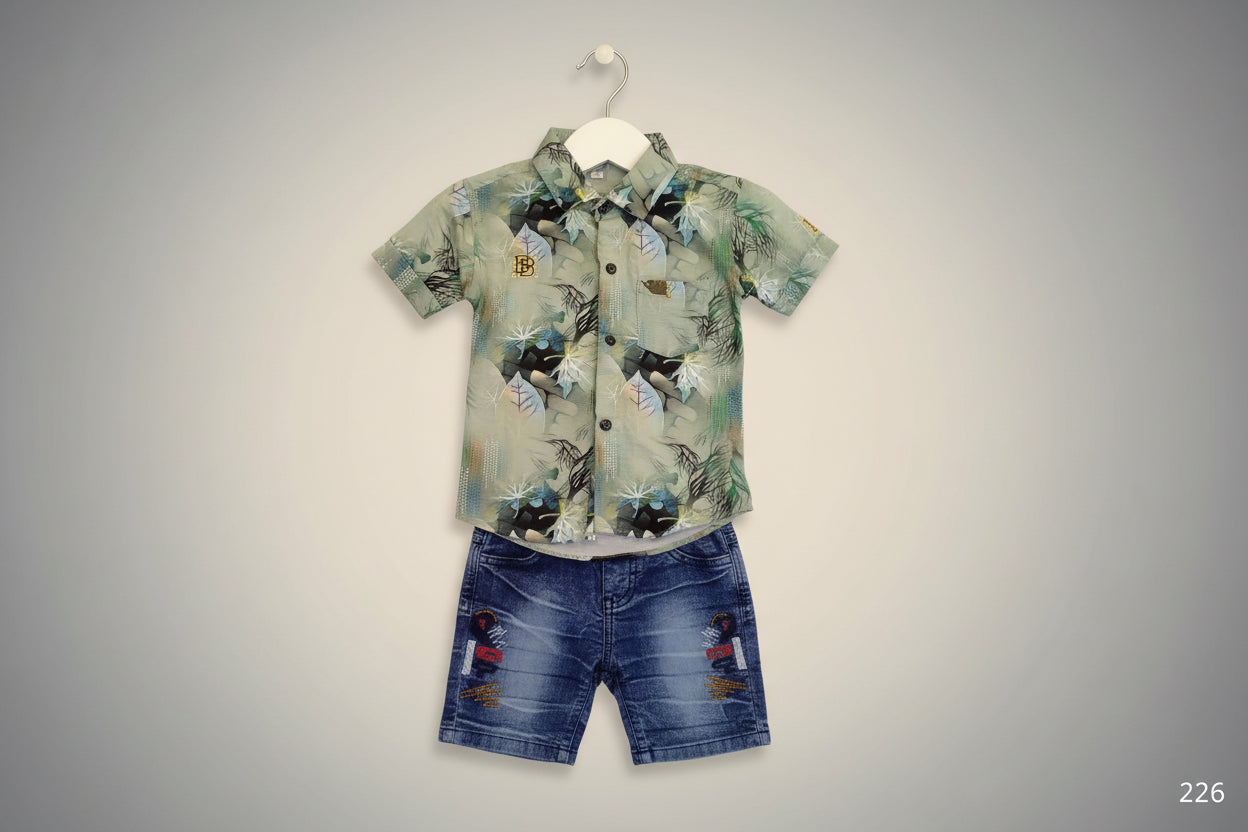 Kids Premium Printed Shirt & Denim Shorts Set.226.