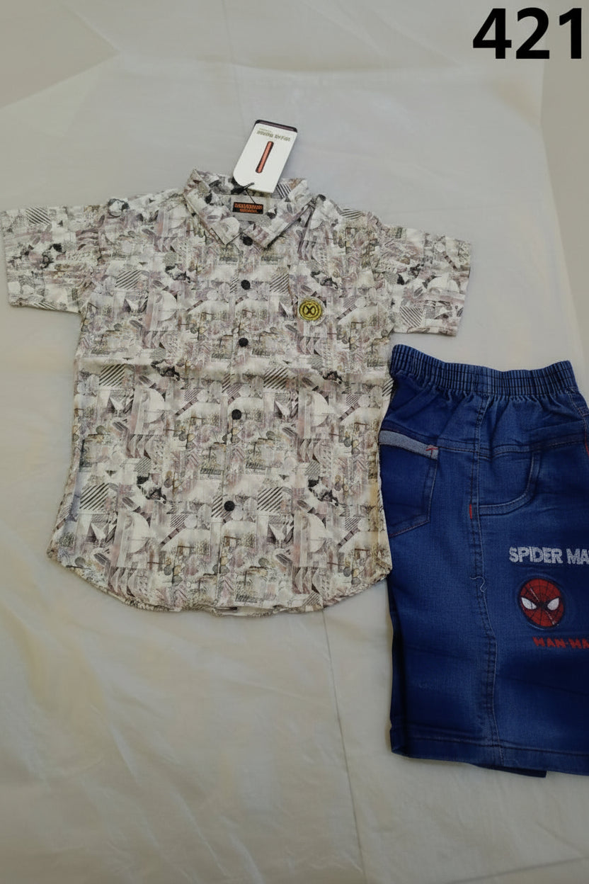 Boys Premium Printed Casual Shirt & Denim Short Set 418