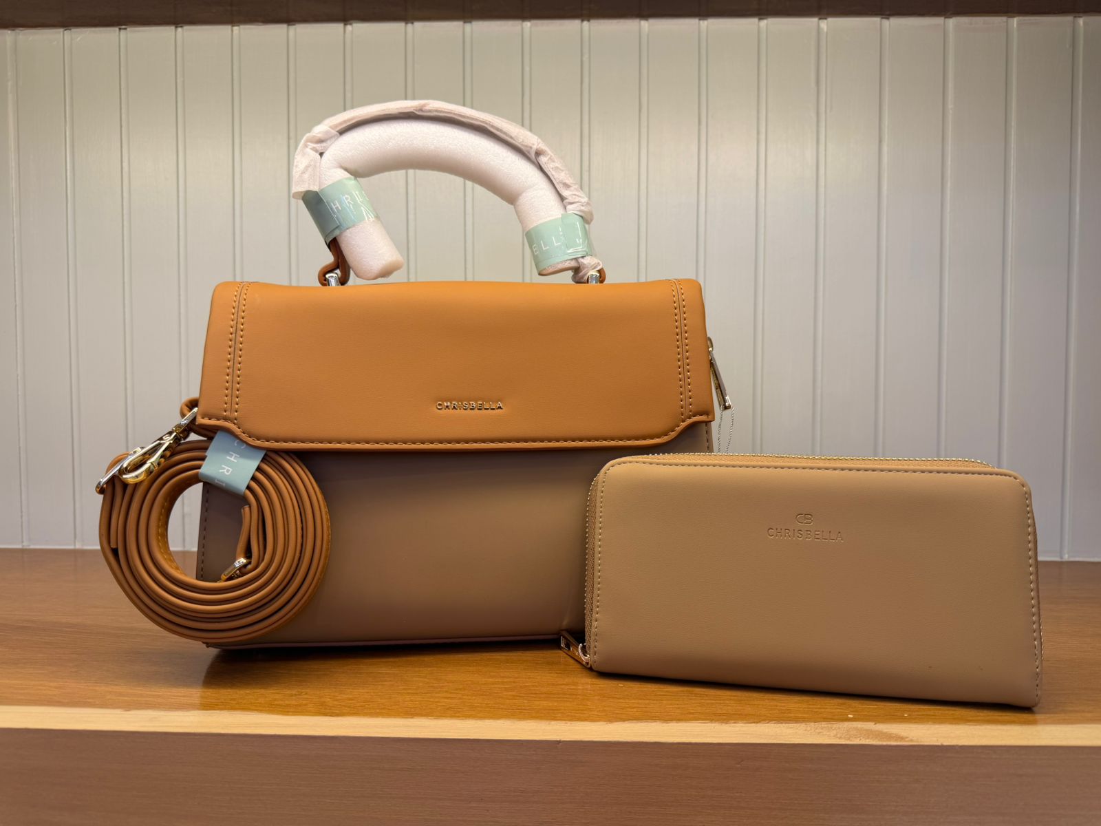 Women’s Two-Tone Structured Handbag with Long Strap & Mini Pouch