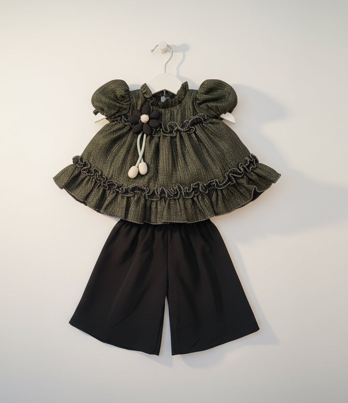 Baby Girls Textured Ruffle Top & Wide-Leg Pant Set-860