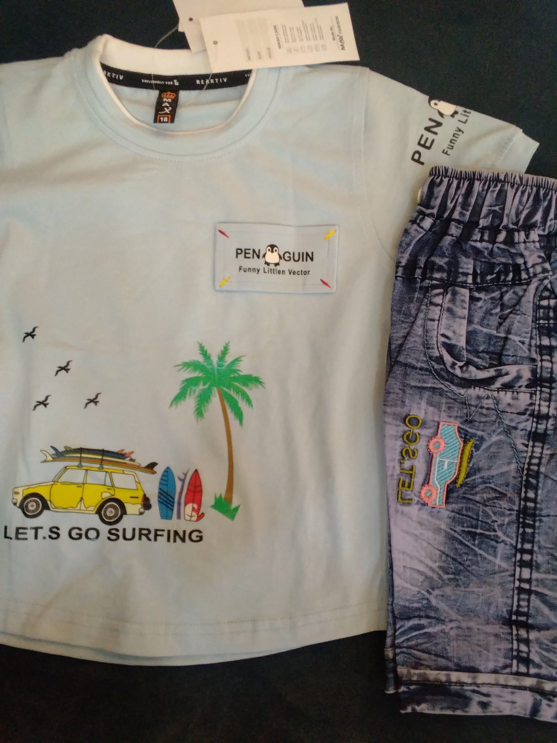 Kids Boys “Let’s Go Surfing” Printed T-Shirt & Denim Shorts Set 245