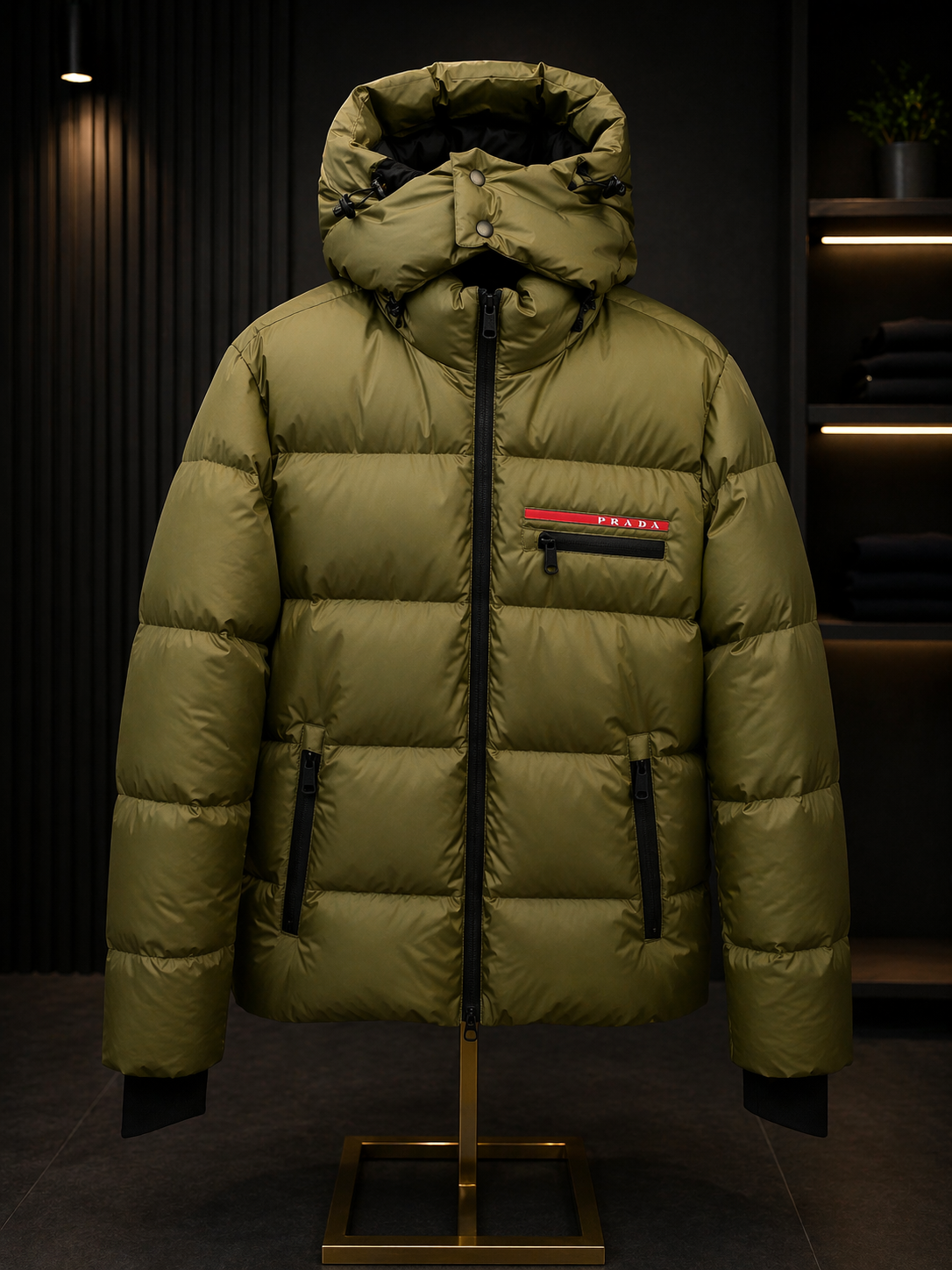 Mens Hooded Puffer Jacket with Zip Pockets Olive Green A102