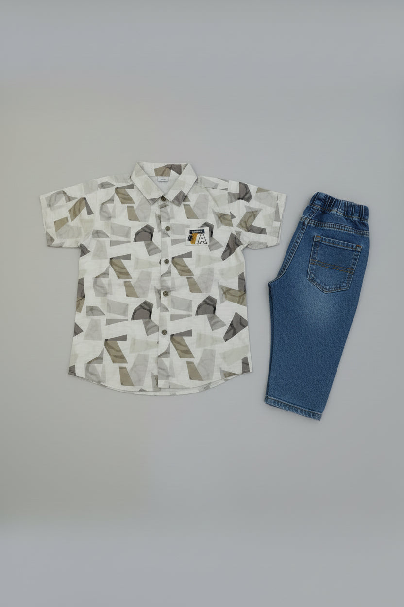 Boys Geometric Print Casual Shirt & Denim Short Set 220