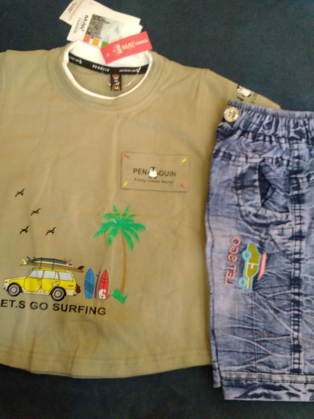 Kids Boys “Let’s Go Surfing” Printed T-Shirt & Denim Shorts Set 245