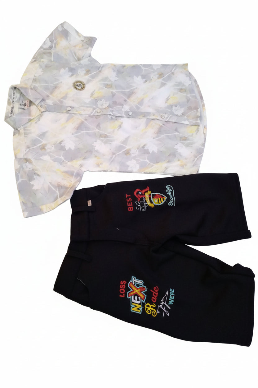 Boys Premium Leaf Print Summer Shirt & Black Trouser Set 441