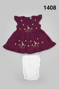 Baby Girl Floral Embroidered Cotton Frock and Diaper Cover Set 1408