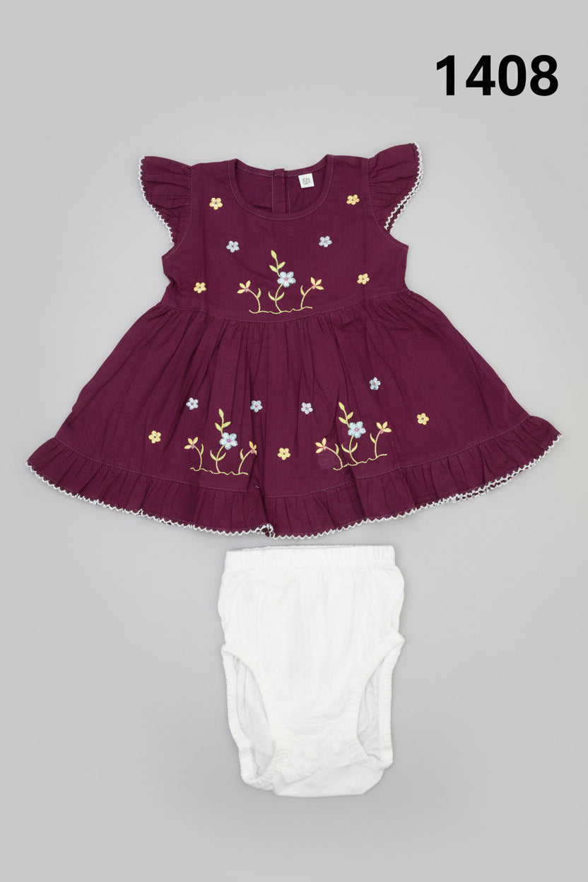 Baby Girl Floral Embroidered Cotton Frock and Diaper Cover Set 1408