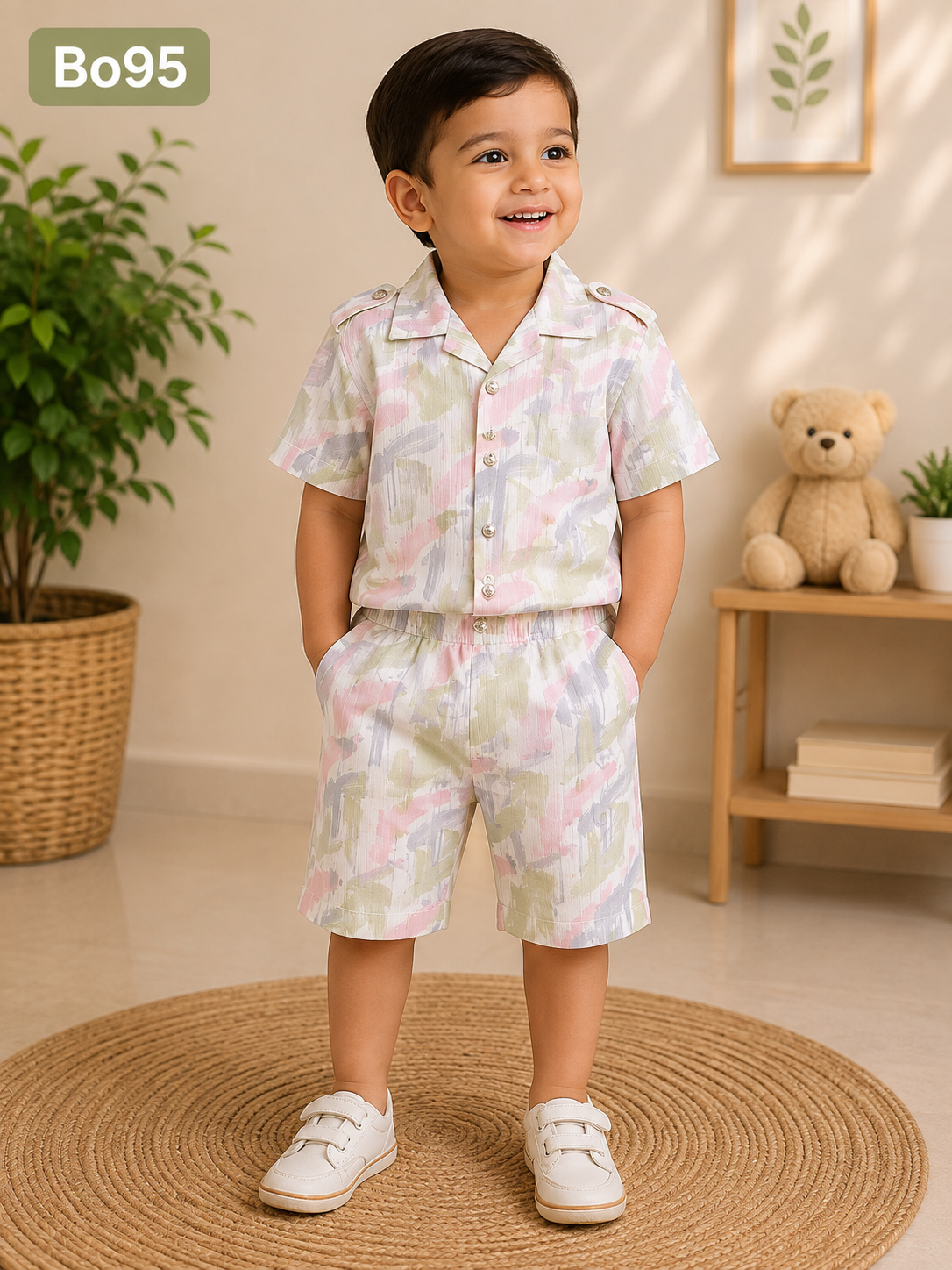 Title: Pastel Brushstroke Boys’ Shirt & Shorts Set – BO95