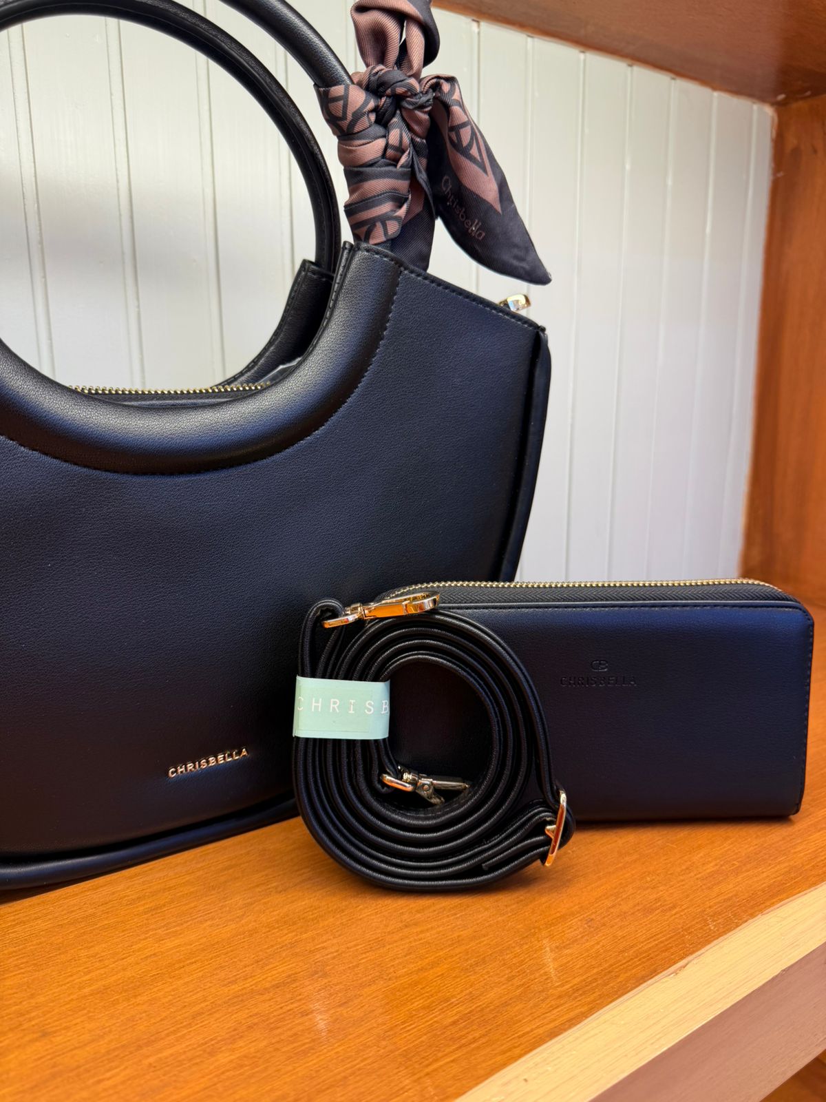 Women’s Round Handle Handbag with Long Strap & Matching Mini Pouch