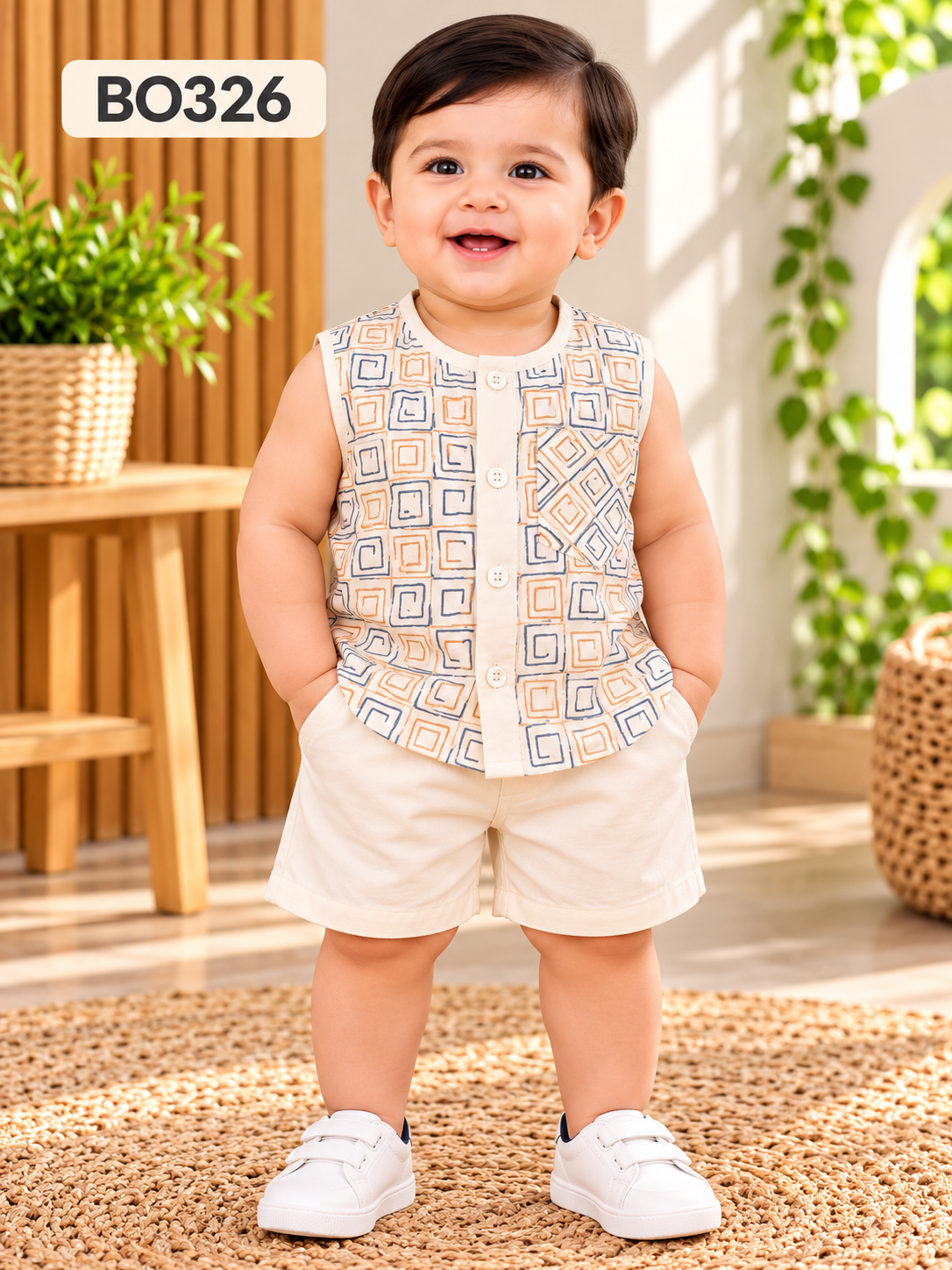 Premium Geometric Print Sleeveless Shirt & Shorts Set for Baby Boys – BO326