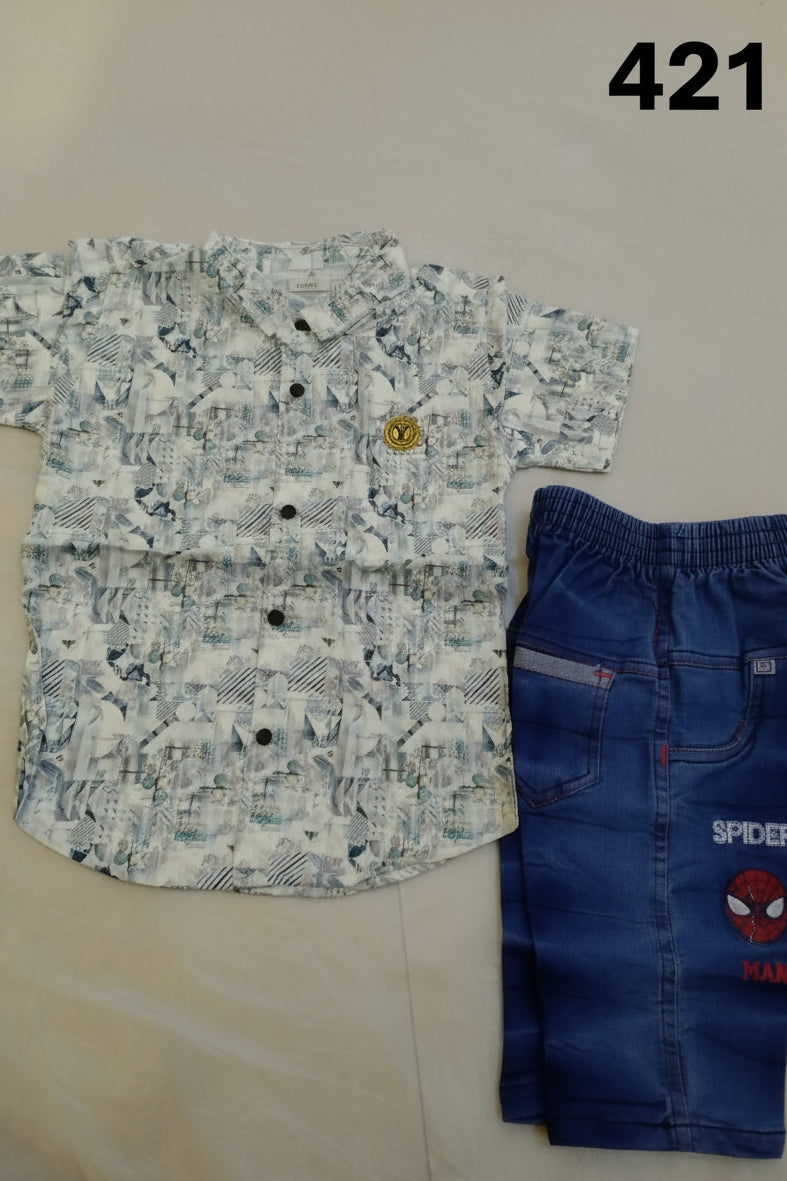 Boys Premium Printed Casual Shirt & Denim Short Set 418