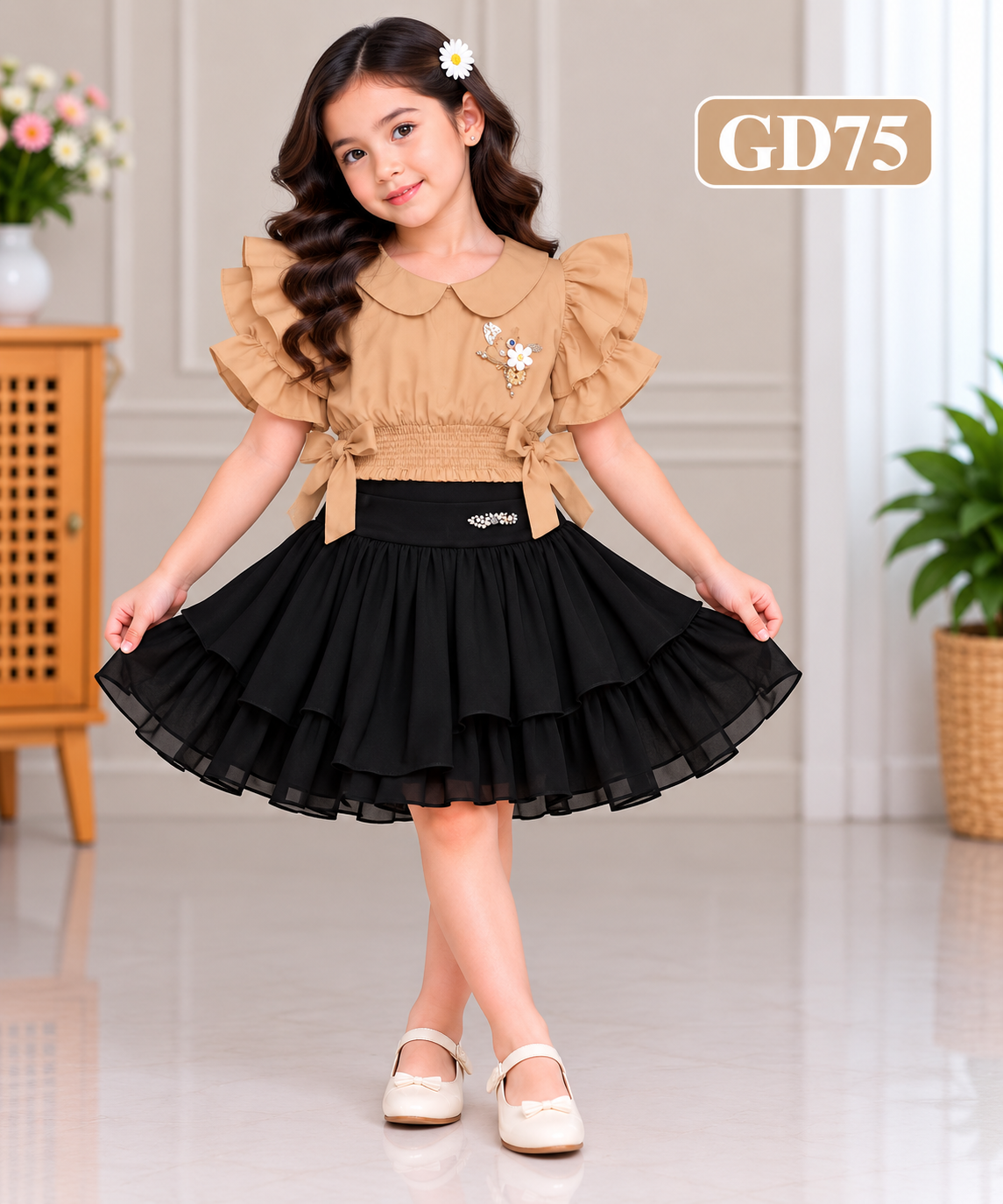 Premium Girls Ruffle Top & Layered Flare Skirt Set – GD75