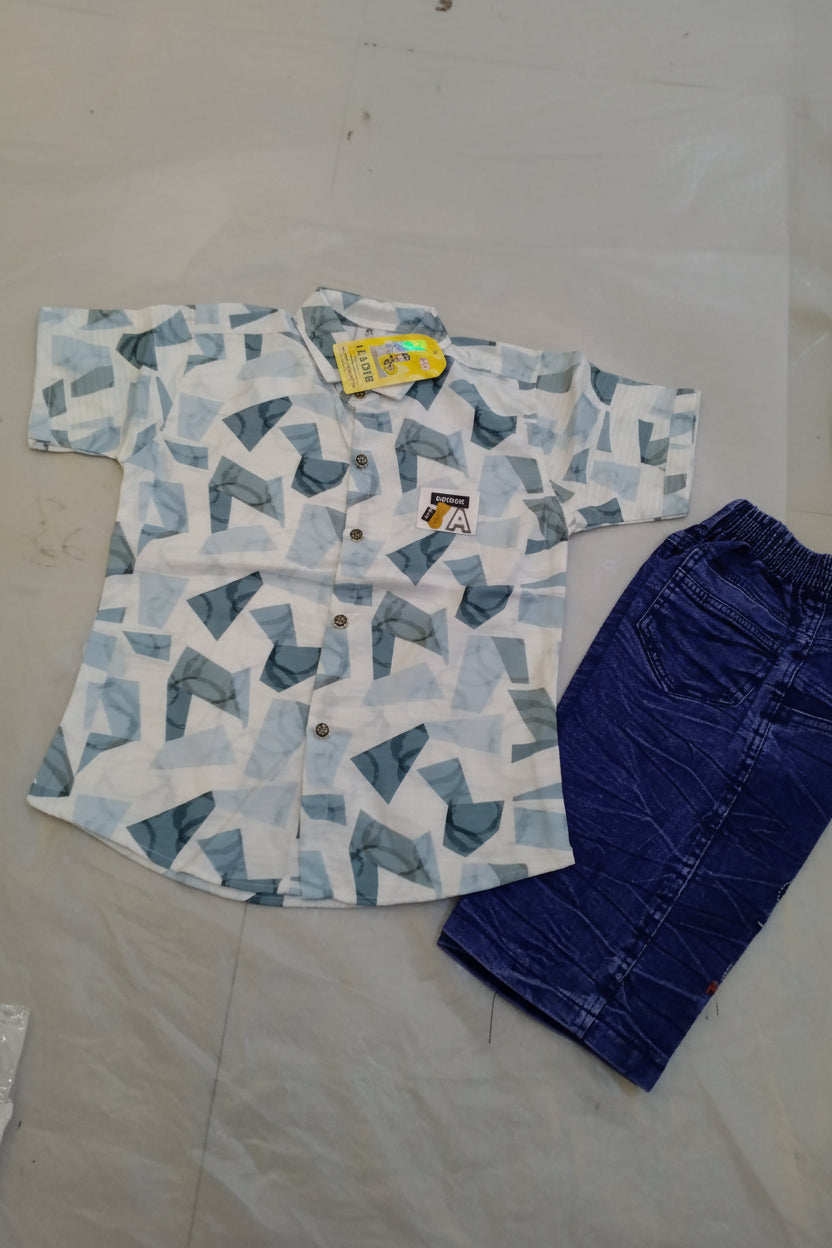 Boys Geometric Print Casual Shirt & Denim Short Set 220