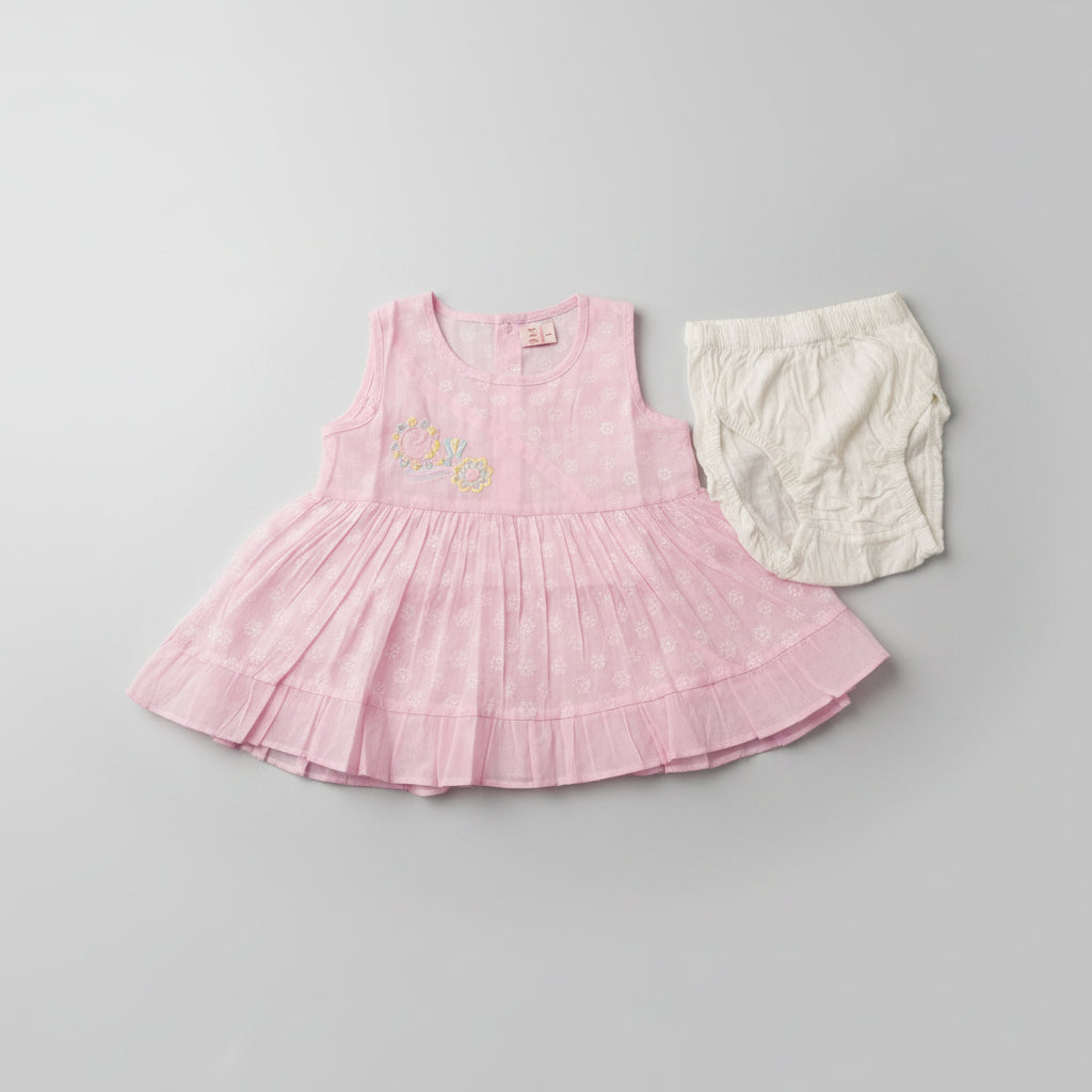 Baby Girls Sleeveless Embroidered Net Frock with Diaper Pant 103