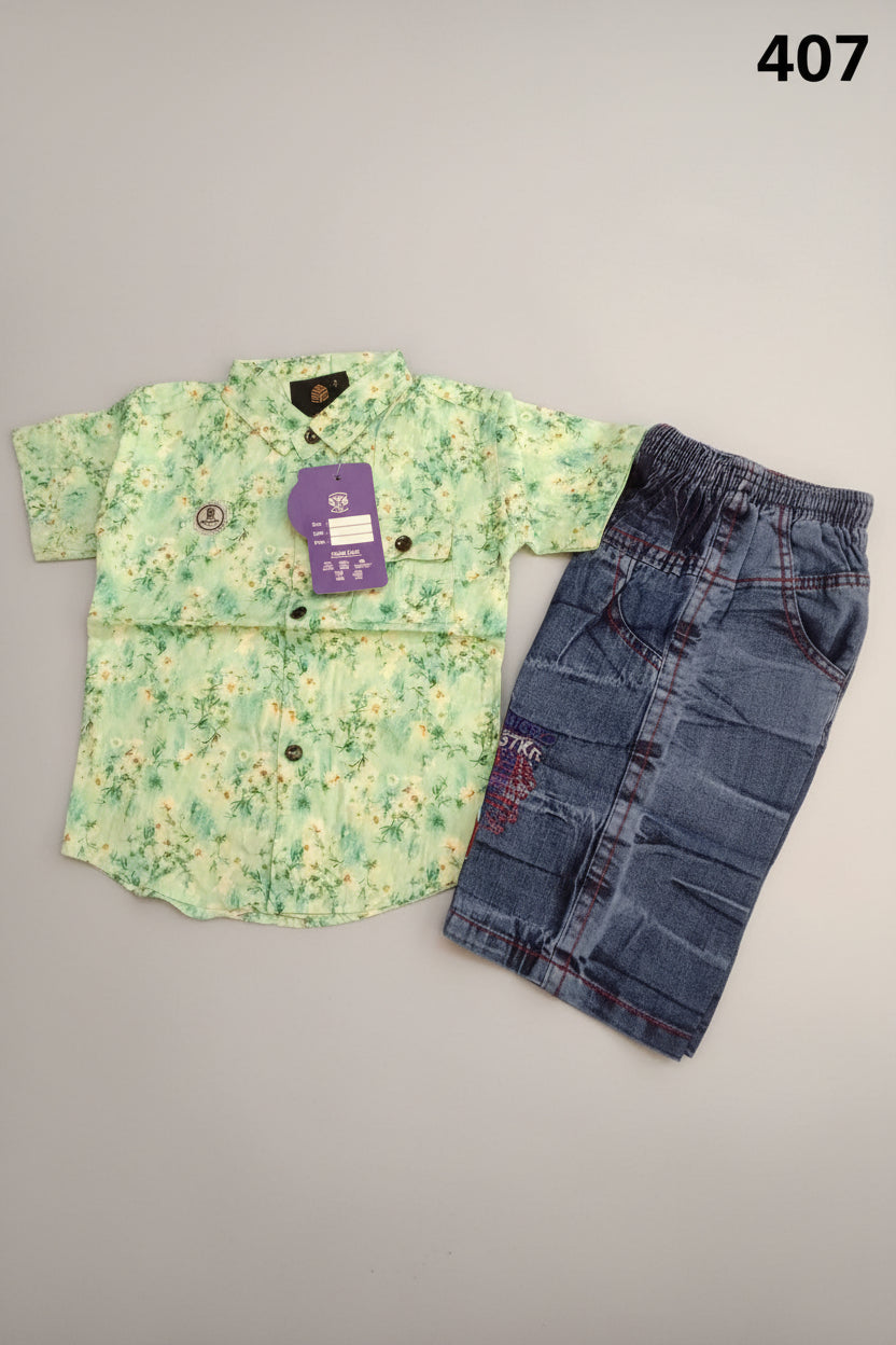Boys Floral Printed Shirt & Denim Shorts Set 407