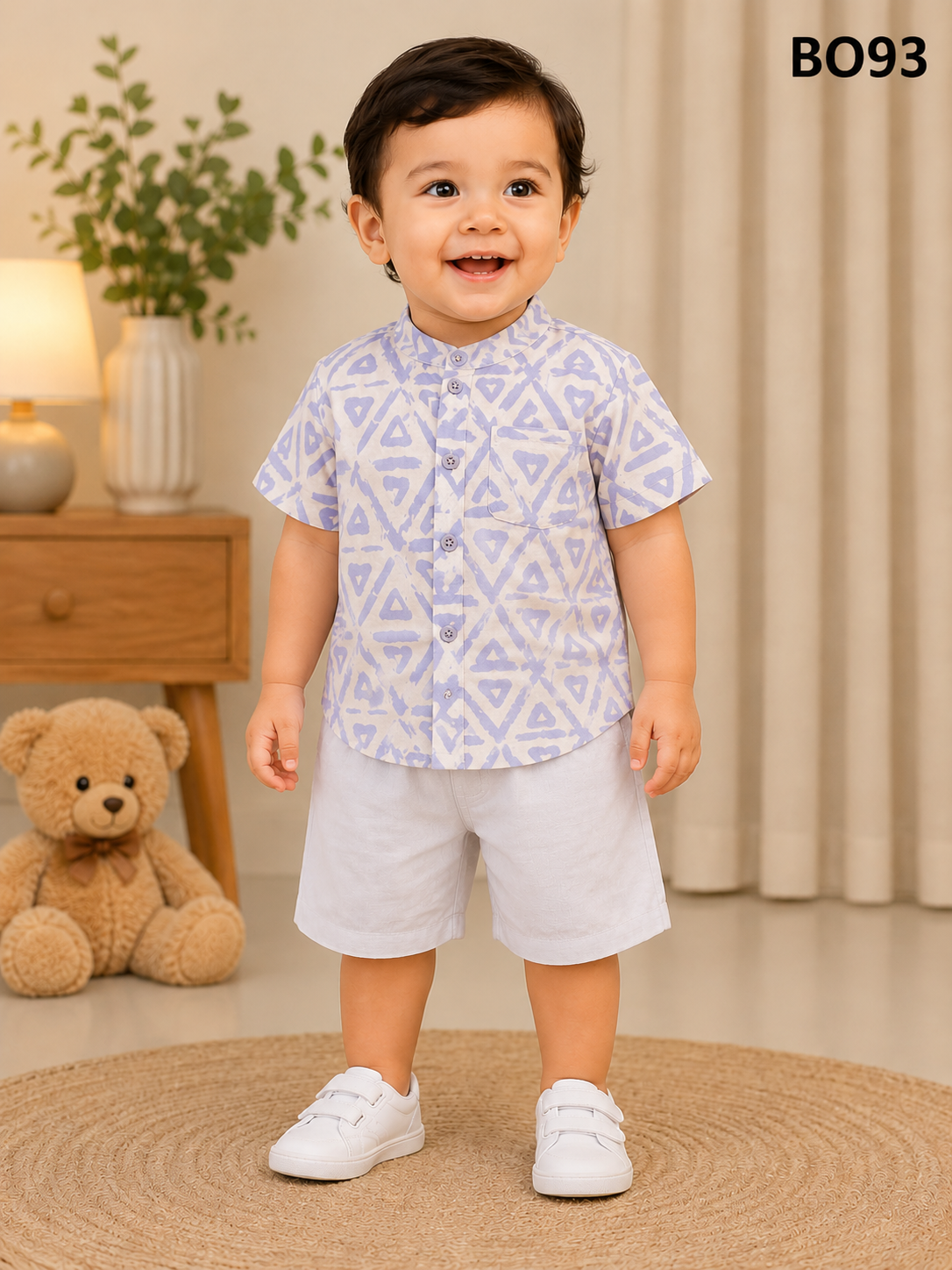 Boys Geometric Print Mandarin Shirt & Shorts Set-BO93