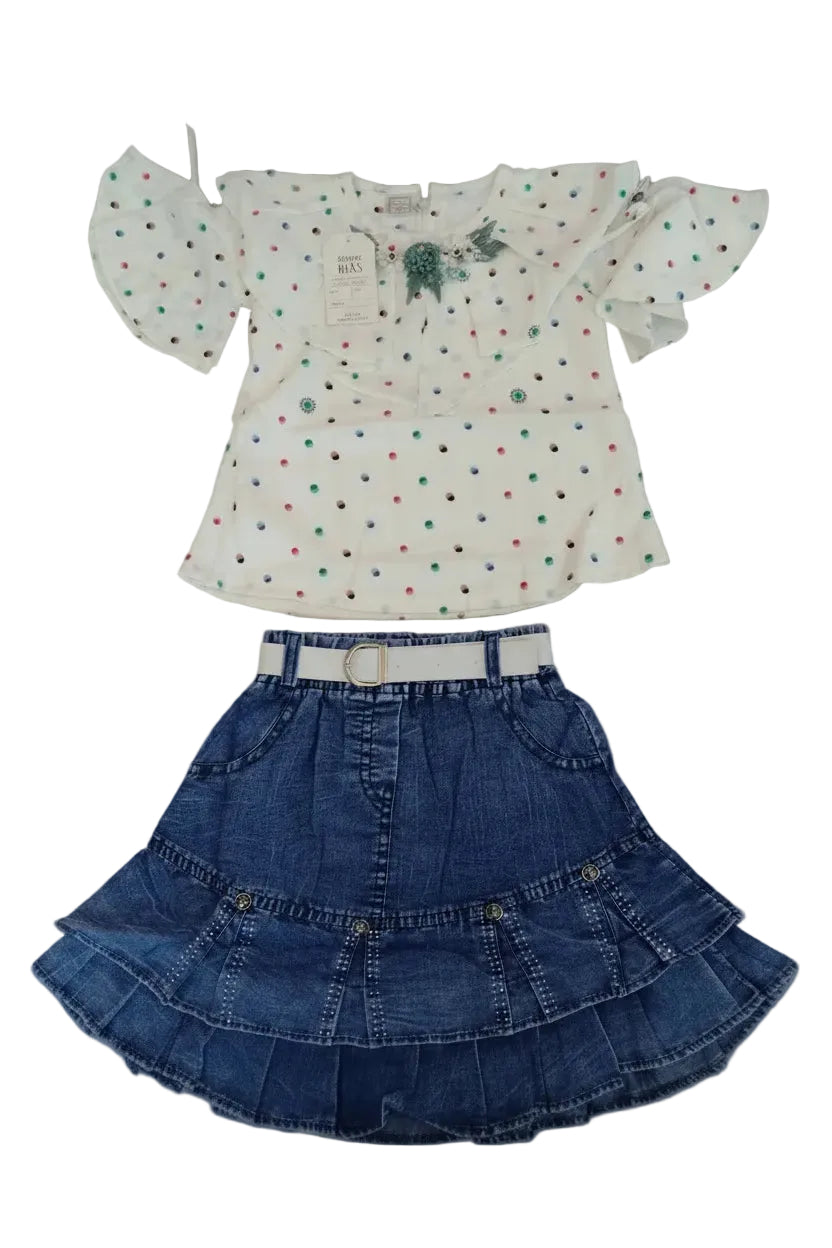 Baby Girls Polka Dot Top & Denim Skirt Set 149