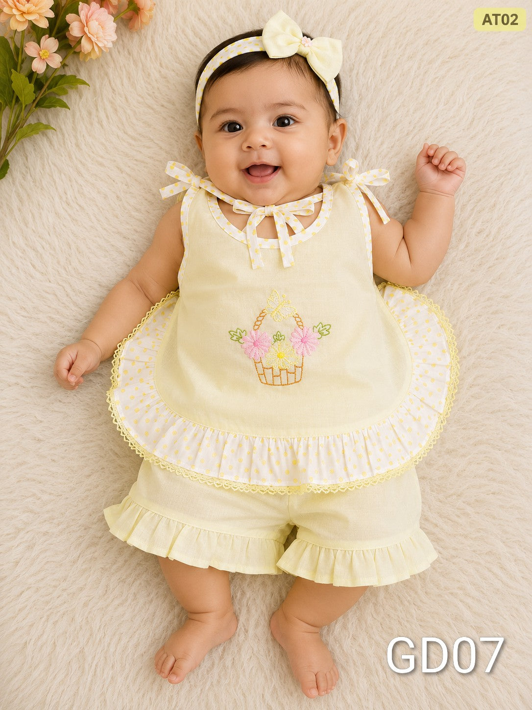 Premium Baby Girls Embroidered Cotton Top & Shorts Set-GD07