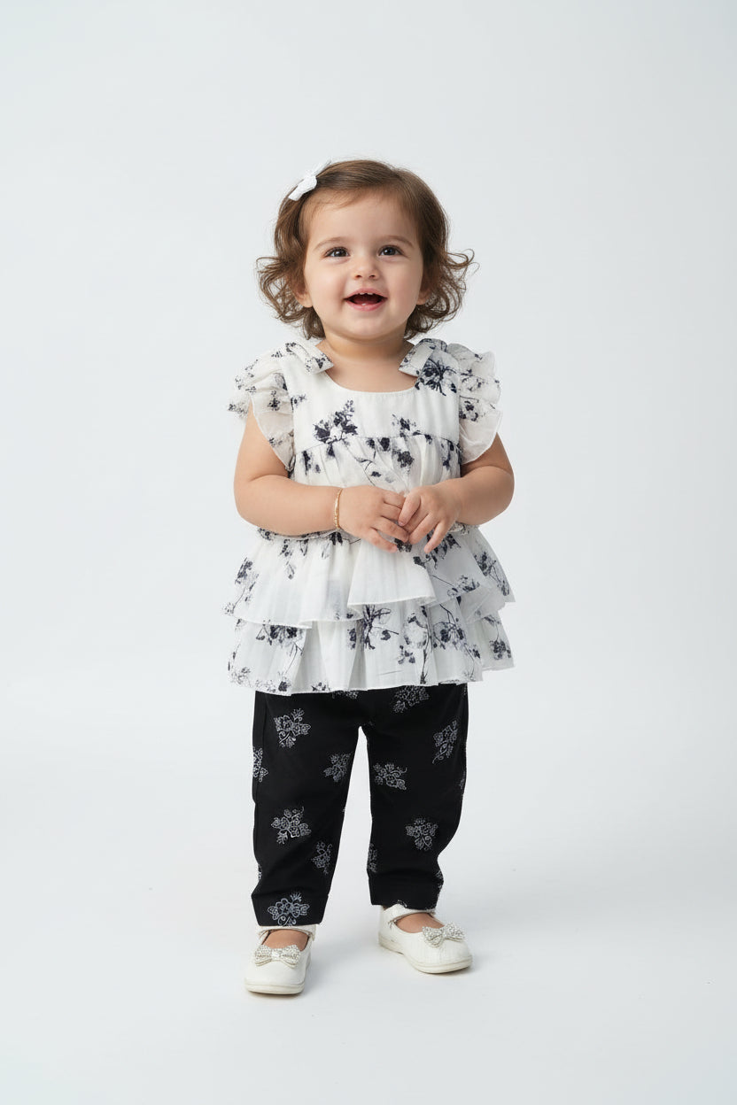 Baby Girls Floral Ruffle Top & Printed Pants Set 162