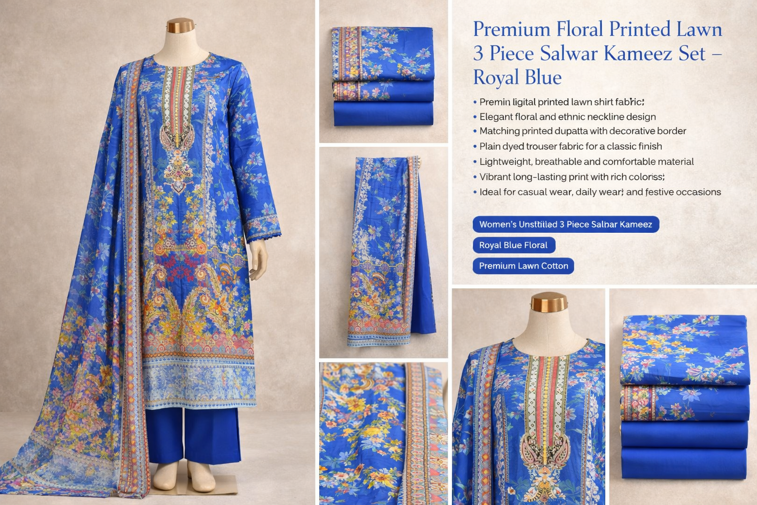 Premium Floral Printed Lawn Three Piece Suit Set 1149
