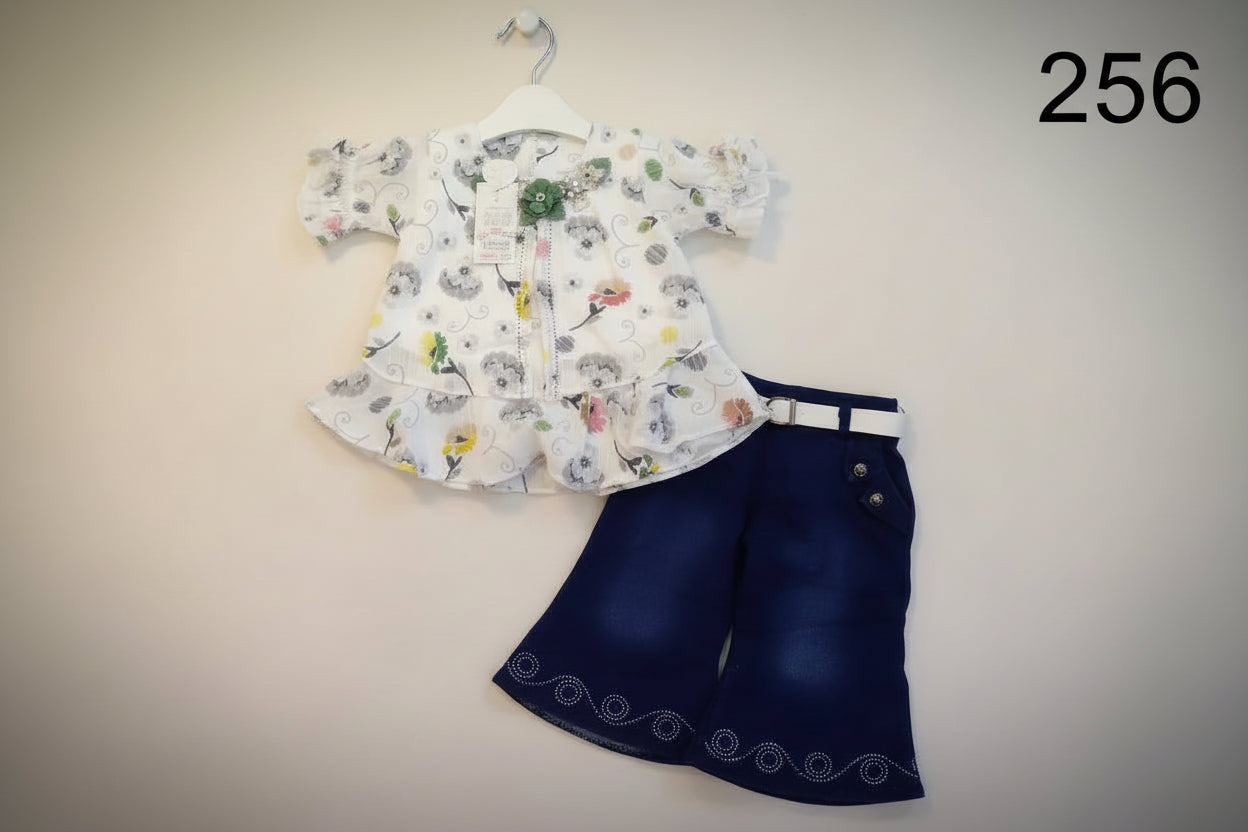 Baby Girls Floral Top & Navy Skirt Set with Belt 256