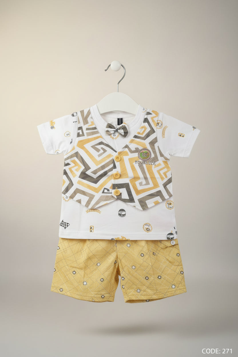 Baby Boys Printed Waistcoat Style T-Shirt & Shorts Set with Bow Tie 271