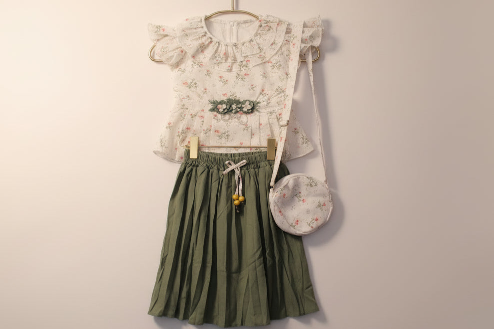 Baby Girls Floral Top & Flowy Skirt with Mini Sling Bag – 3-Piece Set.165.