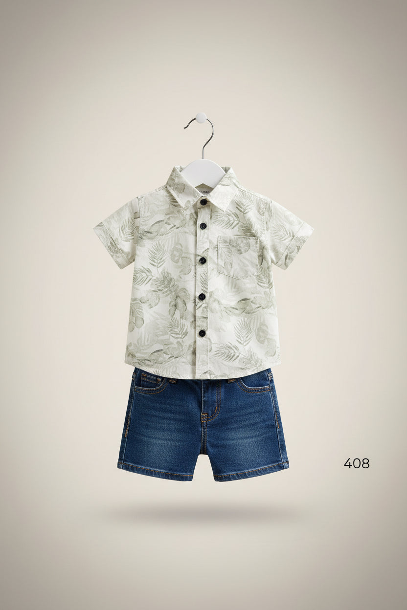 Kids Premium Printed Shirt & Denim Shorts Set 408