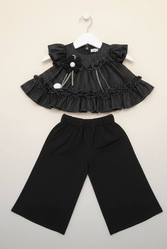 Baby Girls Textured Ruffle Top & Wide-Leg Pant Set-860