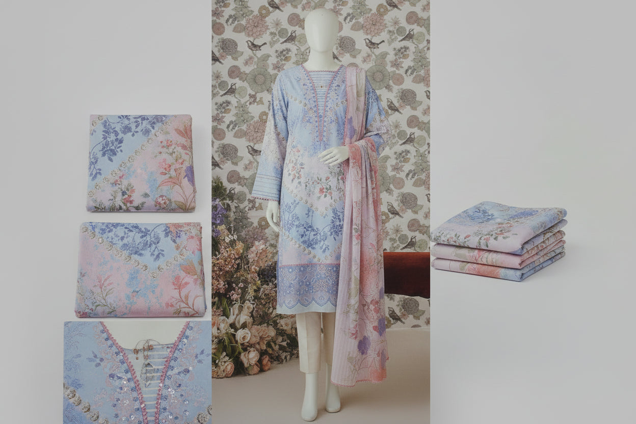 Premium Floral Printed Lawn Three Piece Suit Set 1109