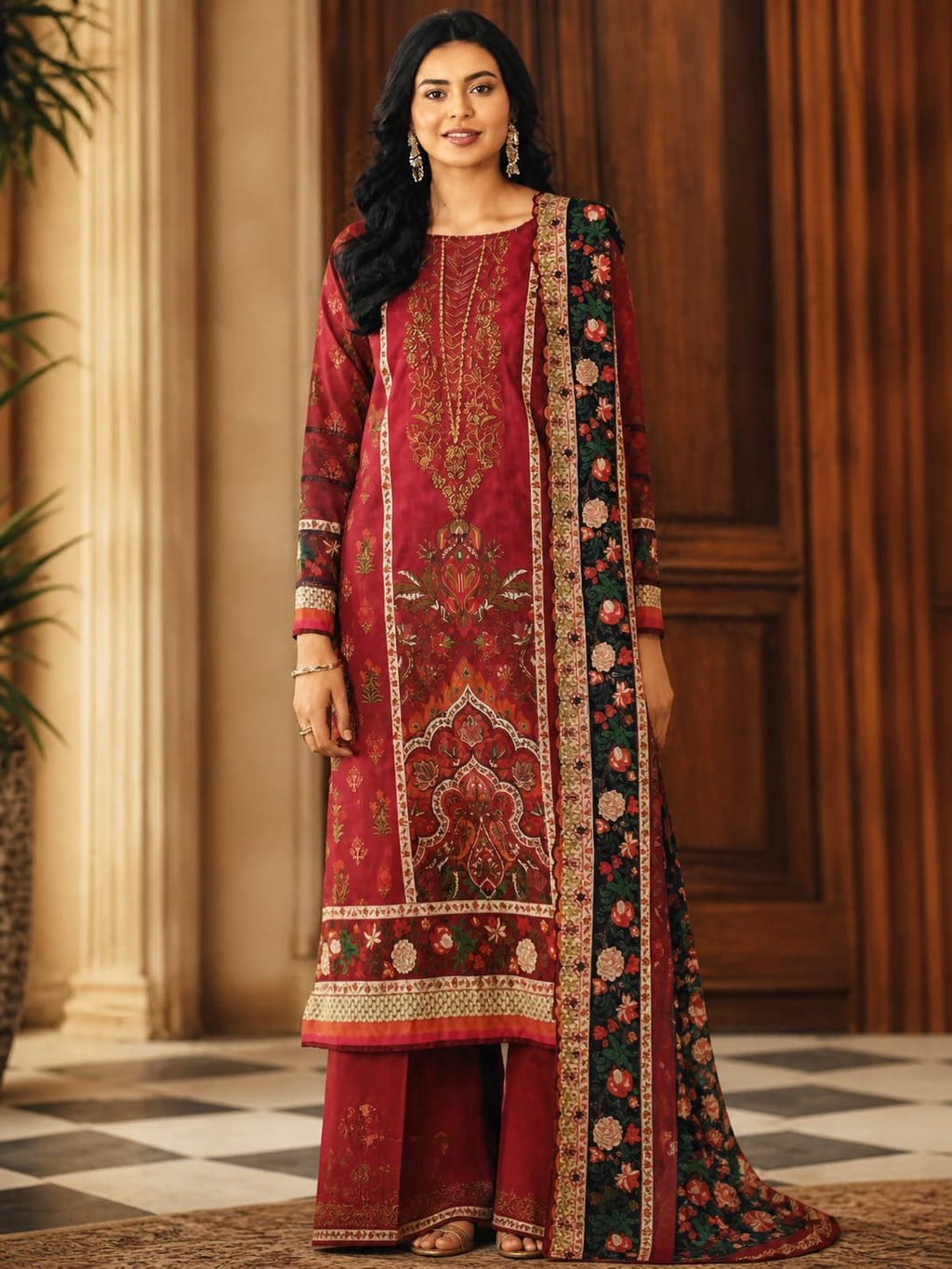 Luxury Digital Printed Lawn Three Piece Set-C256