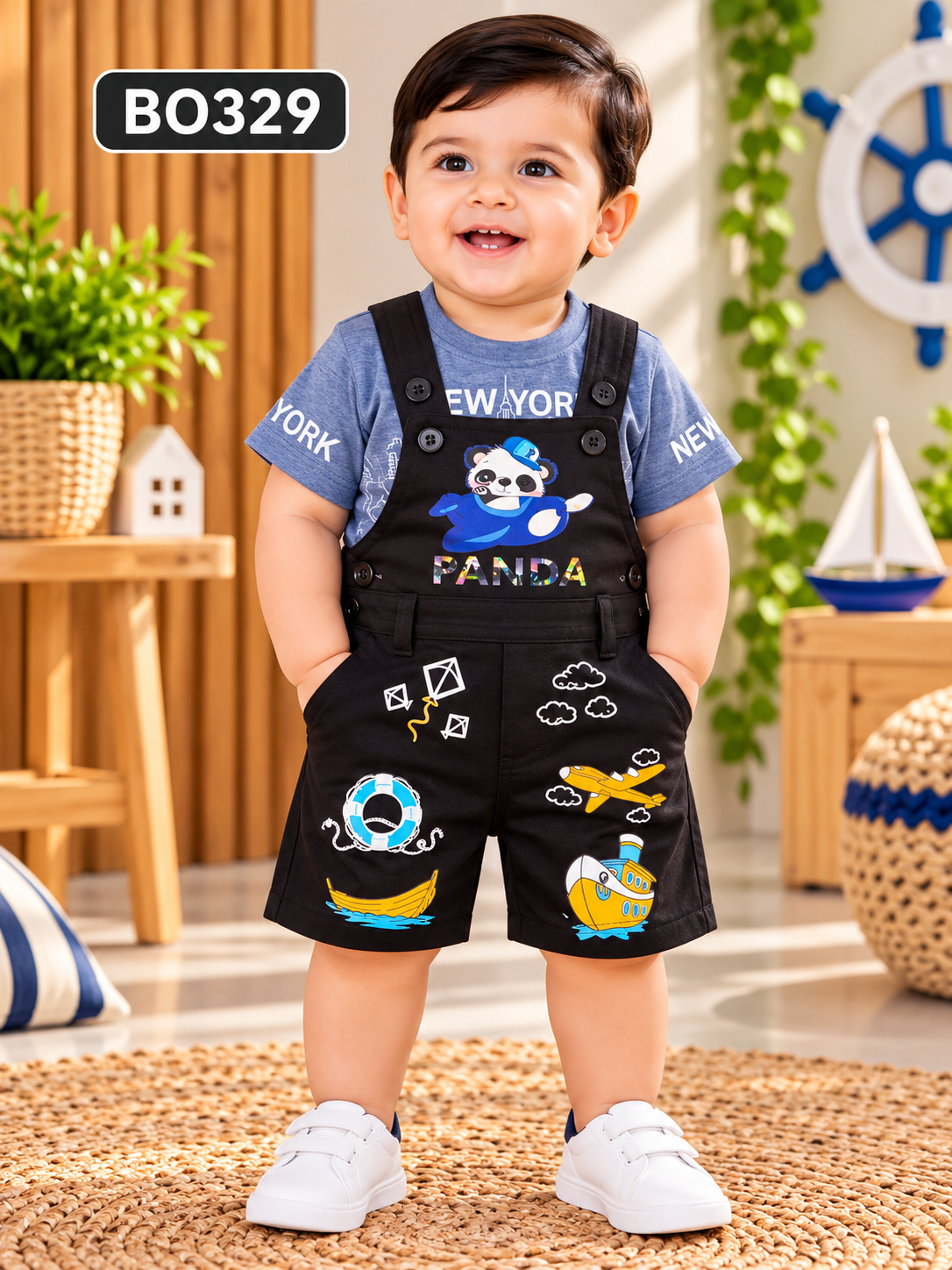 Baby Boys Panda Adventure Dungaree Shorts & T-Shirt Set – BO329