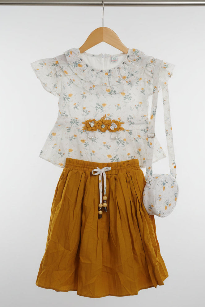 Baby Girls Floral Top & Flowy Skirt with Mini Sling Bag – 3-Piece Set.165.