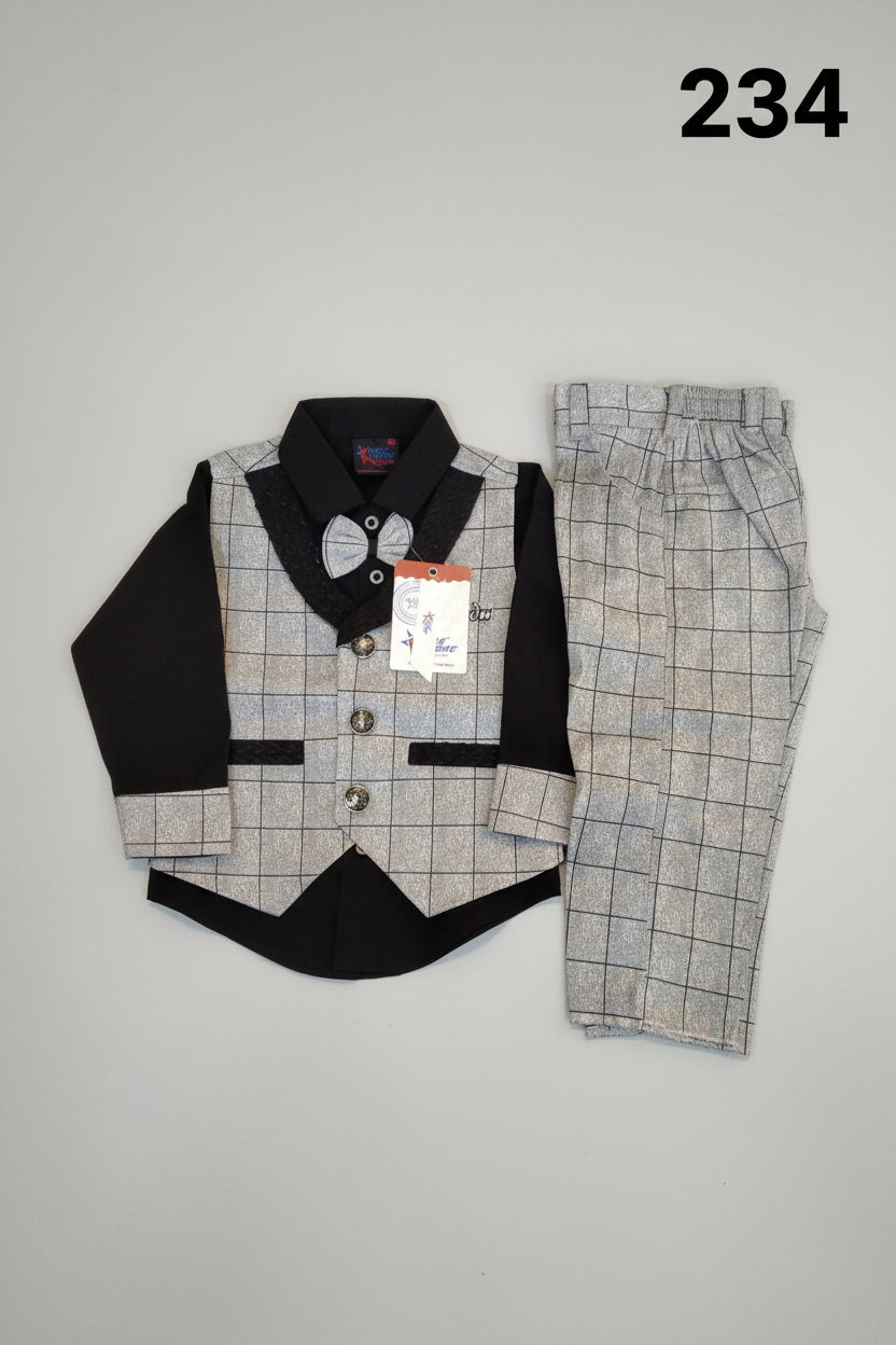 Boys Premium Checkered Party Suit Set with Waistcoat & Bow Tie 234