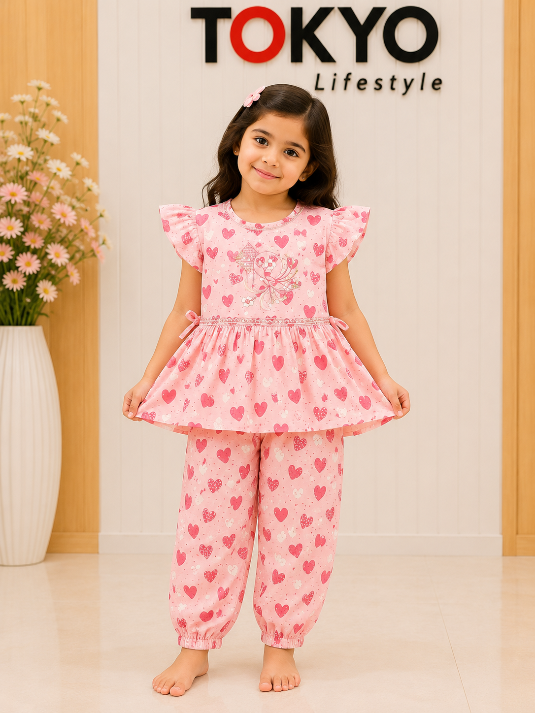 Baby Girls Heart Print Peplum Top & Pants Set — Soft Cotton Outfit 1404
