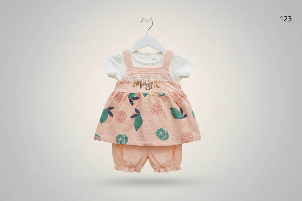 Baby Girls Magic Fruit Print Dress Set with Inner Tee & Bloomer 123