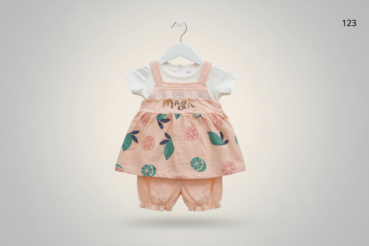 Baby Girls Magic Fruit Print Dress Set with Inner Tee & Bloomer 123