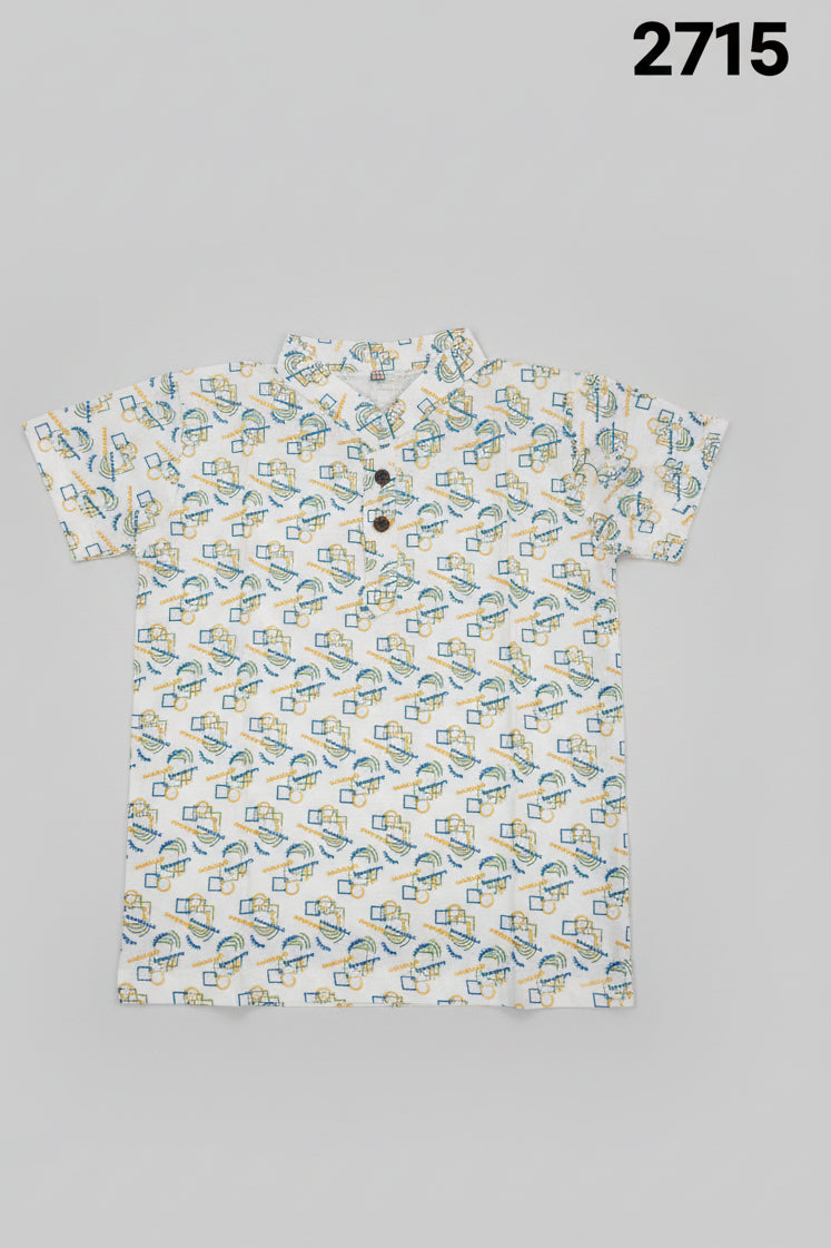 Boys White Printed Short Sleeve Mandarin Collar Shirt 2715