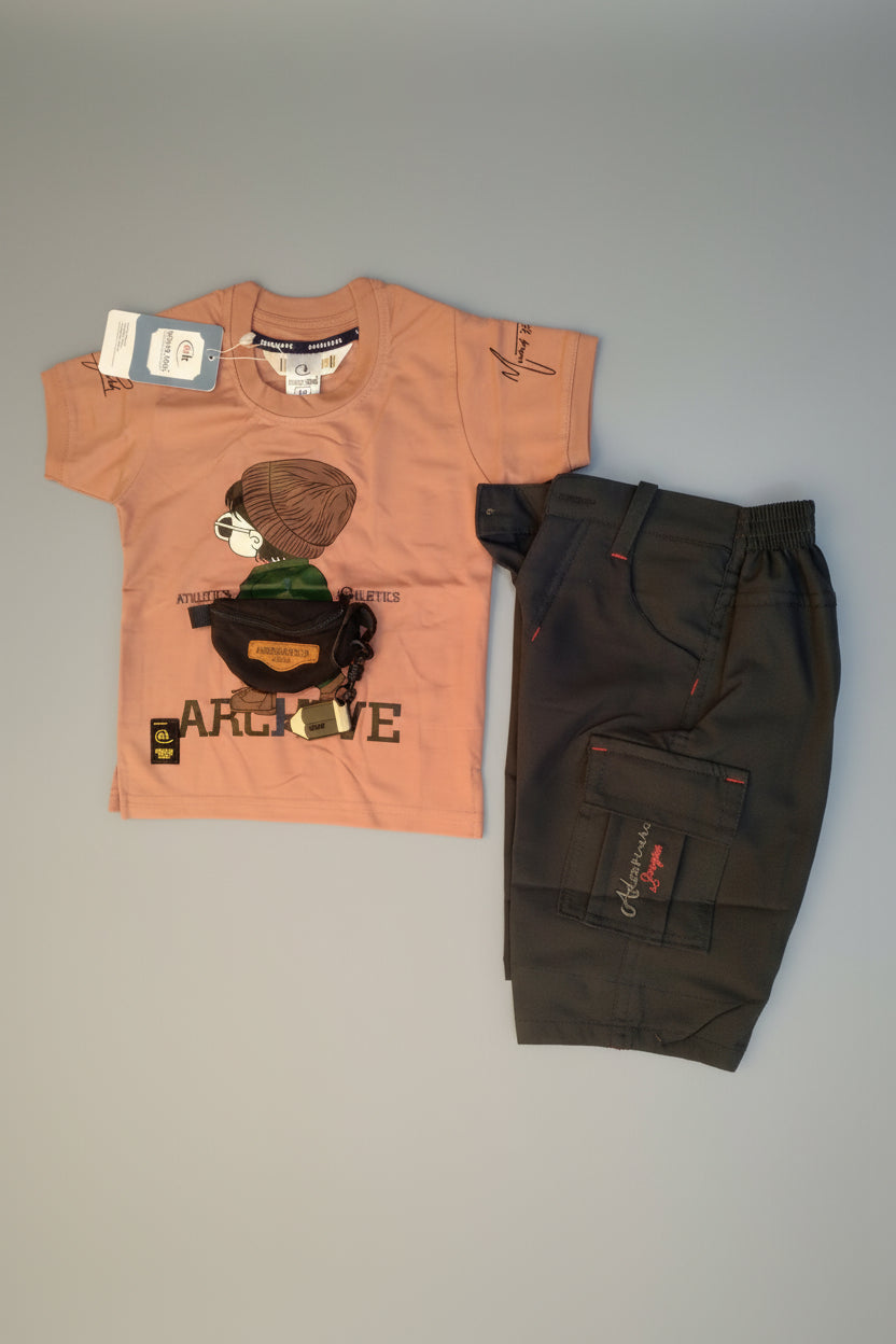 Boys “ARCHIVE Athletics” Graphic T-Shirt & Cargo Jogger Set (With Mini Crossbody Pouch) 336