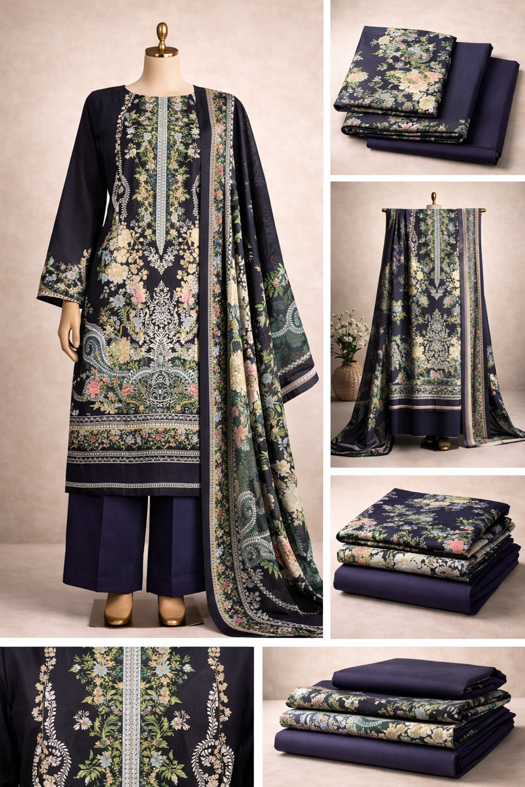 Premium Floral Printed Lawn Three Piece Suit Set 1134